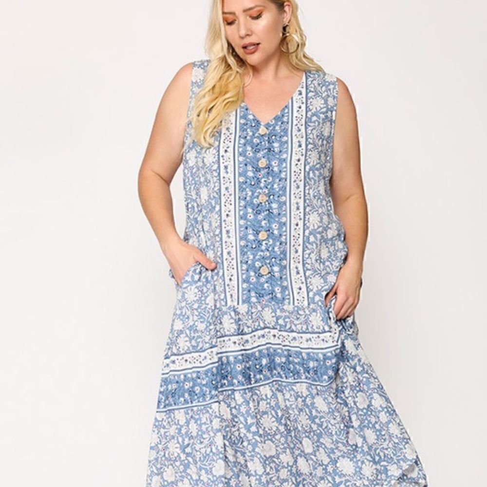 NWT! PLUS Size Boho Sleeveless V Neck Button Down Long Blue Dress Ruffled Hem